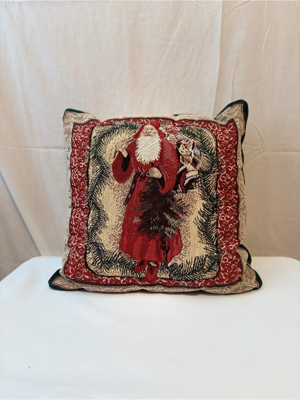 Holiday Santa Tapestry Throw Pillow - Red and Cream